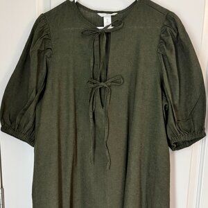H&M Linen Blend Olive Tie Neck Lagenlook Maxi Tunic Dress, Size L. Like New.